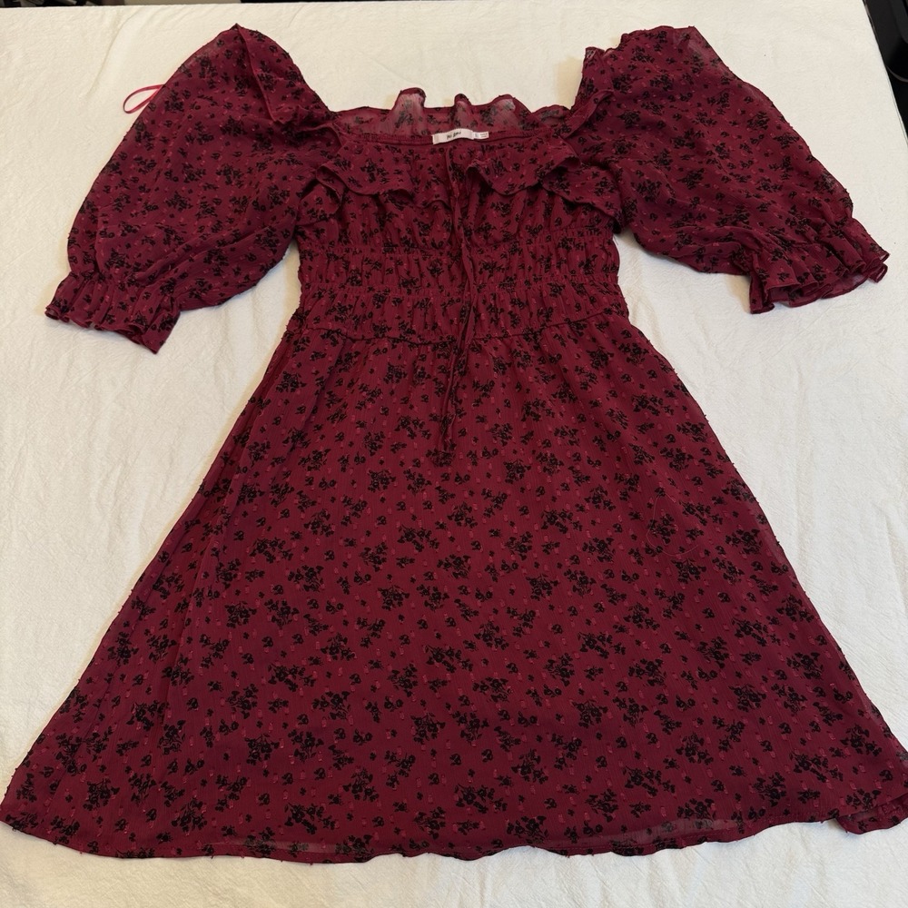 Mi Ami Dress Large Maroon Floral Smocked Puff Sleeve Cottagecore Chiffon Mini